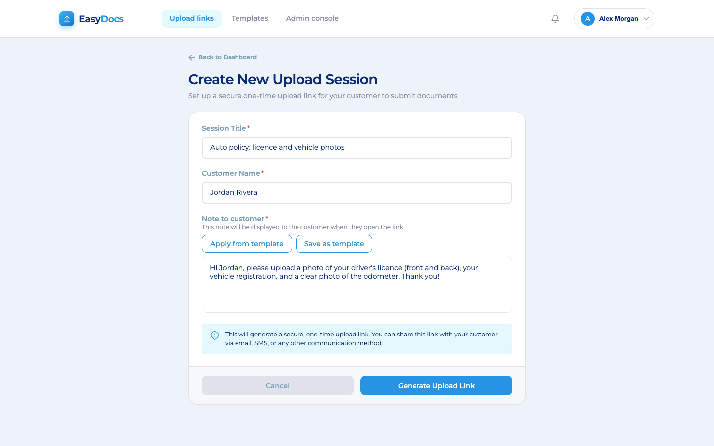 Creating a secure upload request in EasyDocs