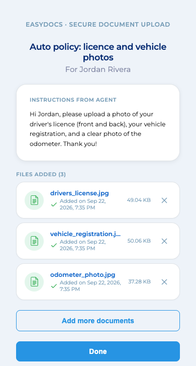 A customer on their phone with three documents added in EasyDocs