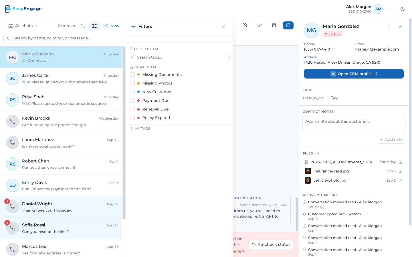 Filtering the EasyEngage inbox by shared tags