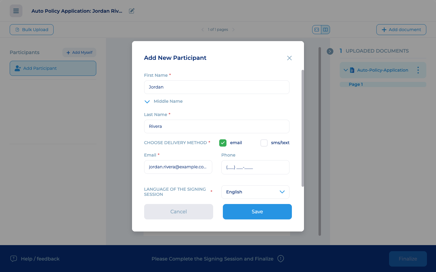 Adding a signer and choosing email or text delivery in EasyInk